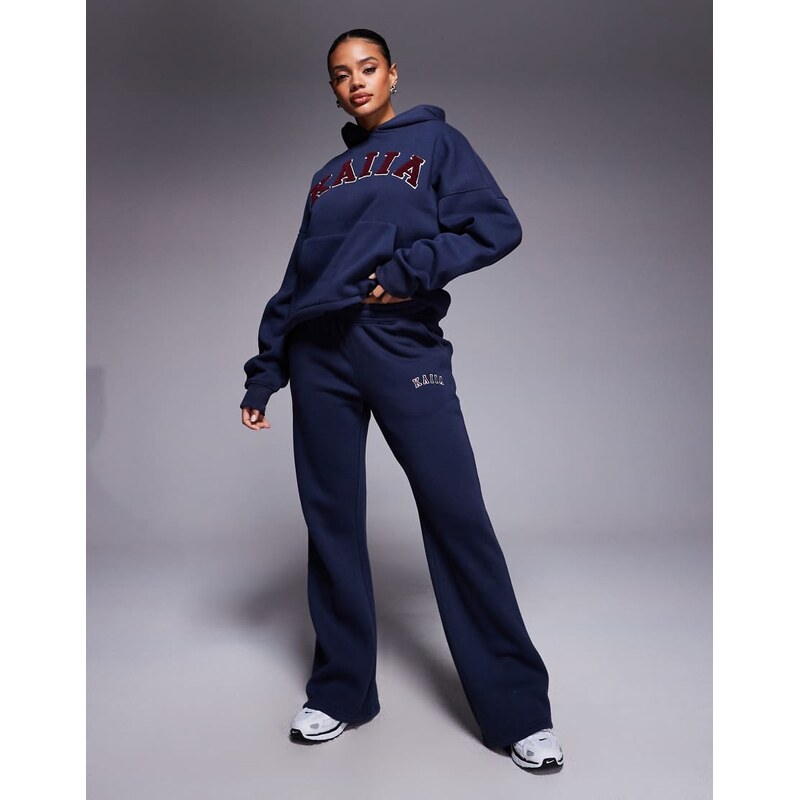 Kaiia cotton rich embroidered logo wide leg joggers co-ord in navy and 110354909