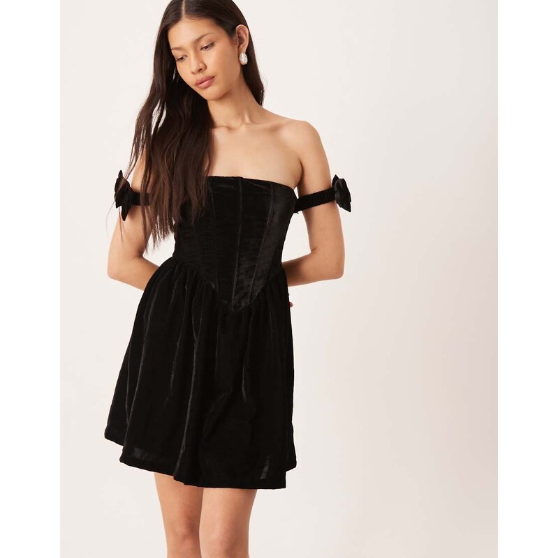 Lace & Beads velvet bow off shoulder corset mini dress in black 110368969