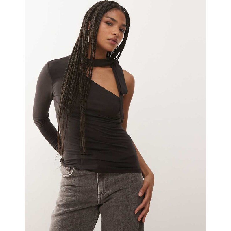 Weekday one shoulder halter neck long sleeve top in dark brown