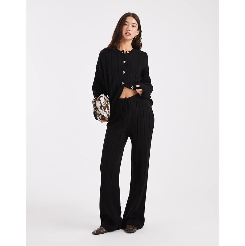 ASOS DESIGN fluffy knitted ribbed trouser co-ord in black