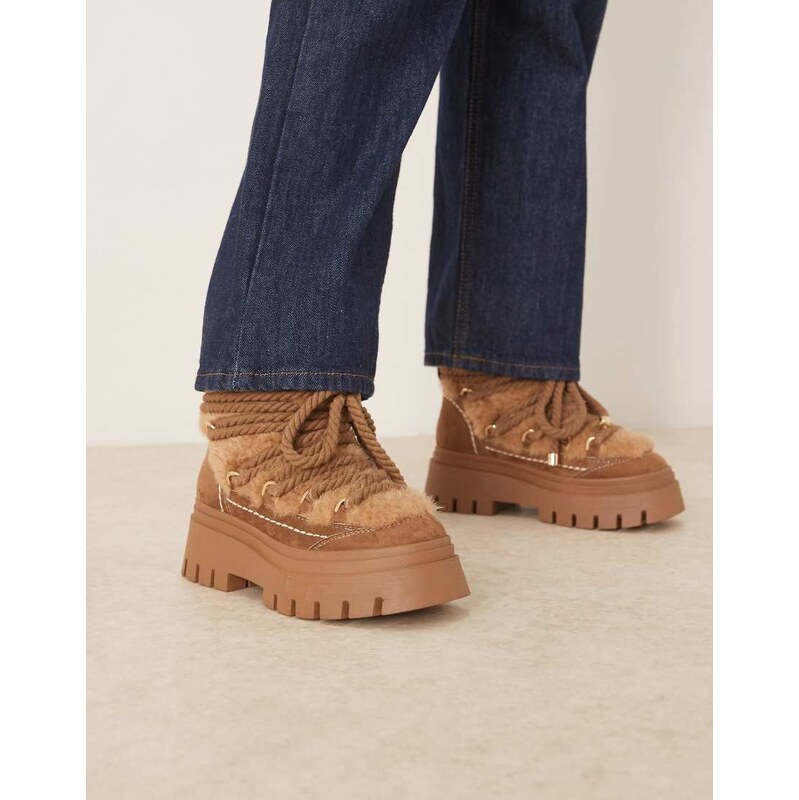 ASOS DESIGN Acclaim shearling lace up snow boots in taupe-Blonde 115514931