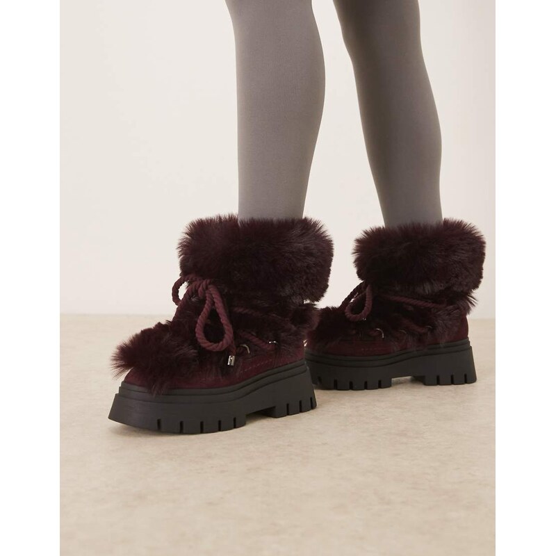 ASOS DESIGN Acclaim shearling lace up snow boots in burgundy-Red
