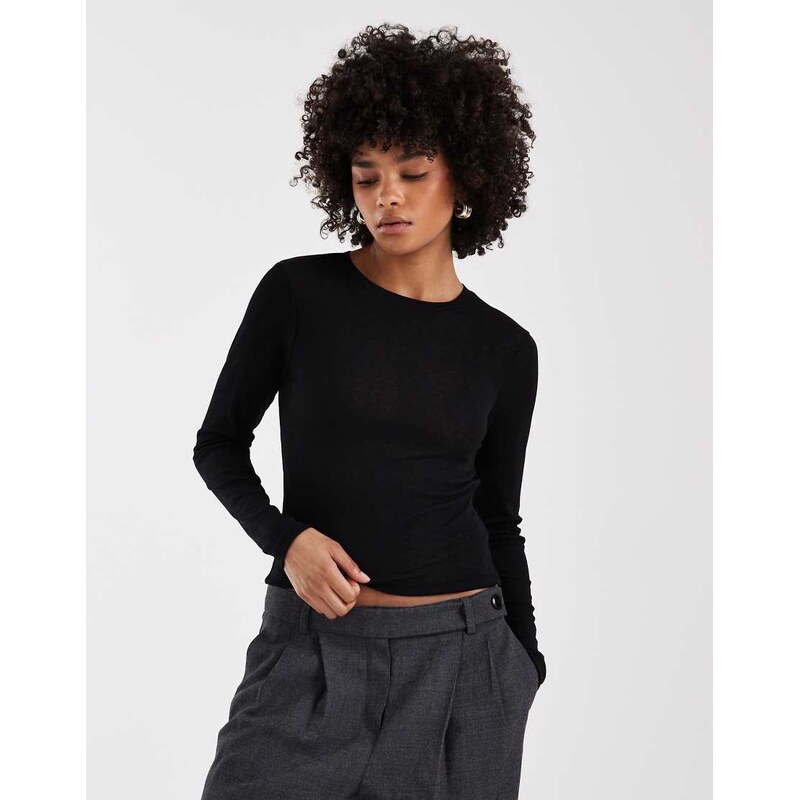 ASOS DESIGN textured mesh long sleeve crew neck top in black