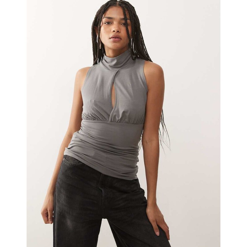 Weekday sleeveless turtelneck top with key hole detail in dark grey 113414023