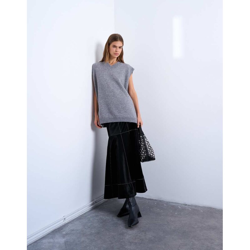 Topshop dropwaist contrast stitched PU maxi skirt in black