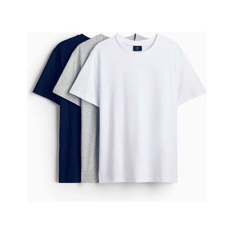 H&M - Tričko Regular Fit 3 kusy - Námořnická Modř/Šedá