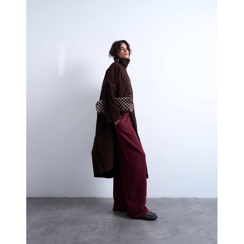 Topshop faux suede funnel long car coat with neck tab in brown