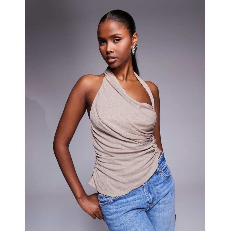 ASOS DESIGN mesh asymmetric drape halter neck top in taupe-Grey