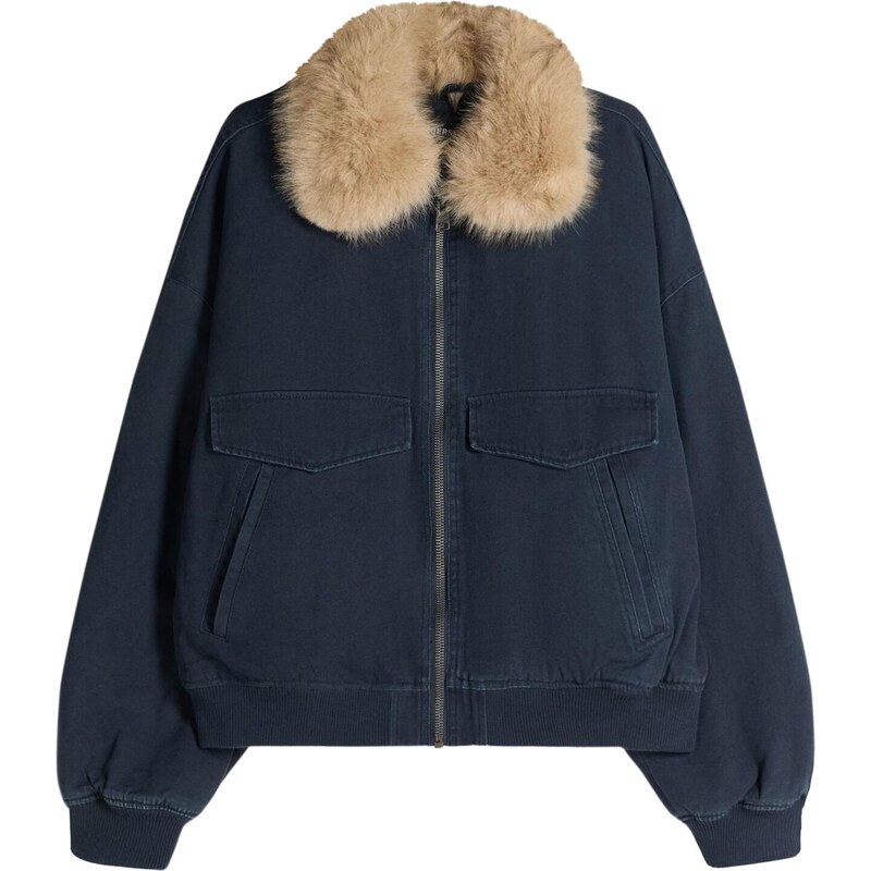 Bershka Přechodná bunda tmavě béžová / námořnická modř