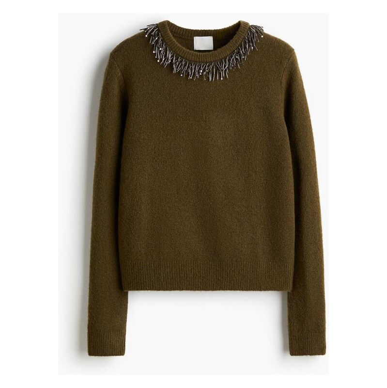 H&M - Zdobený svetr - Tmavě Zelená Khaki