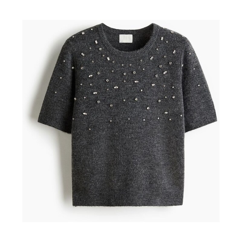 H&M - Top z jemného úpletu zdobený štrasem - Tmavě Šedý Melír
