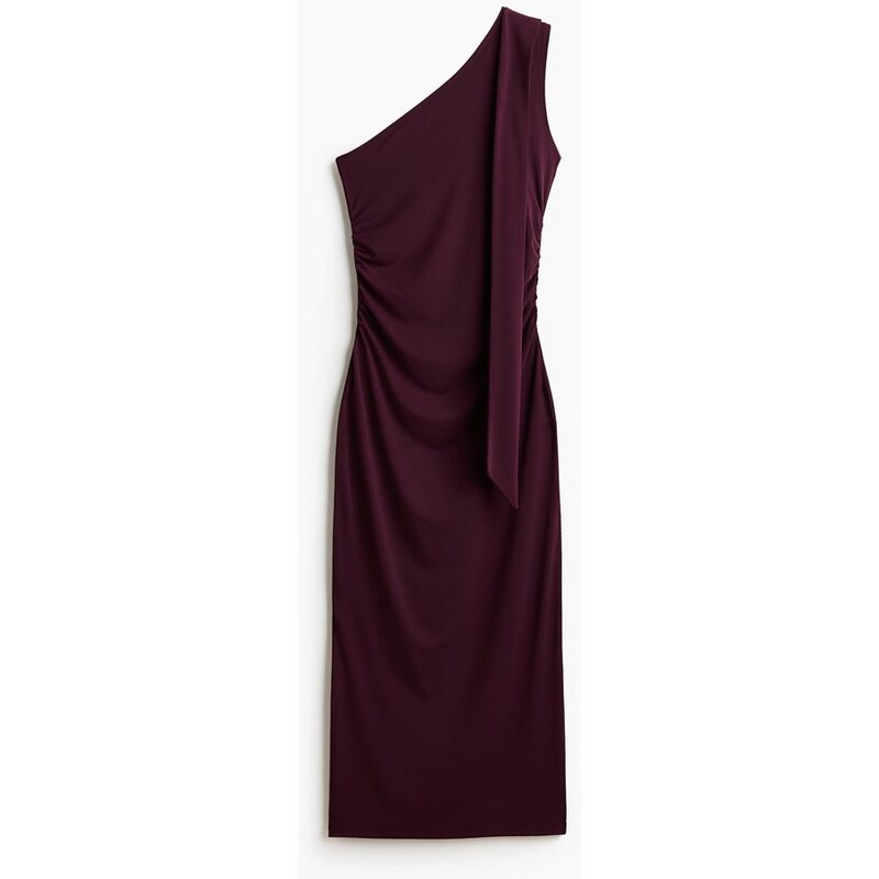 H&M - Řasené šaty odhalující rameno - Švestková Červená
