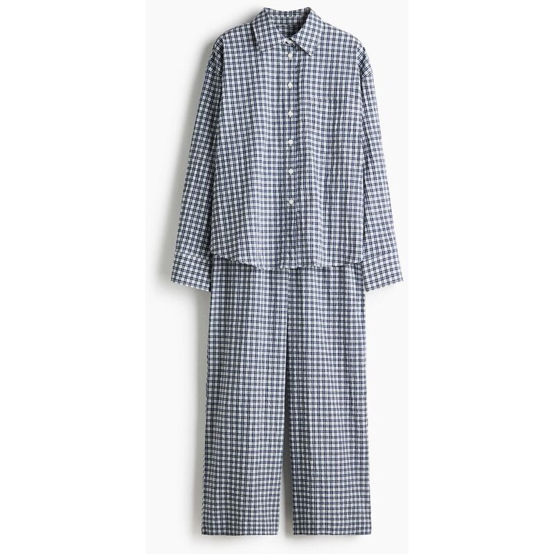 H&M - Pyžamo z bavlněné tkaniny seersucker - Tmavomodrá/Kostka