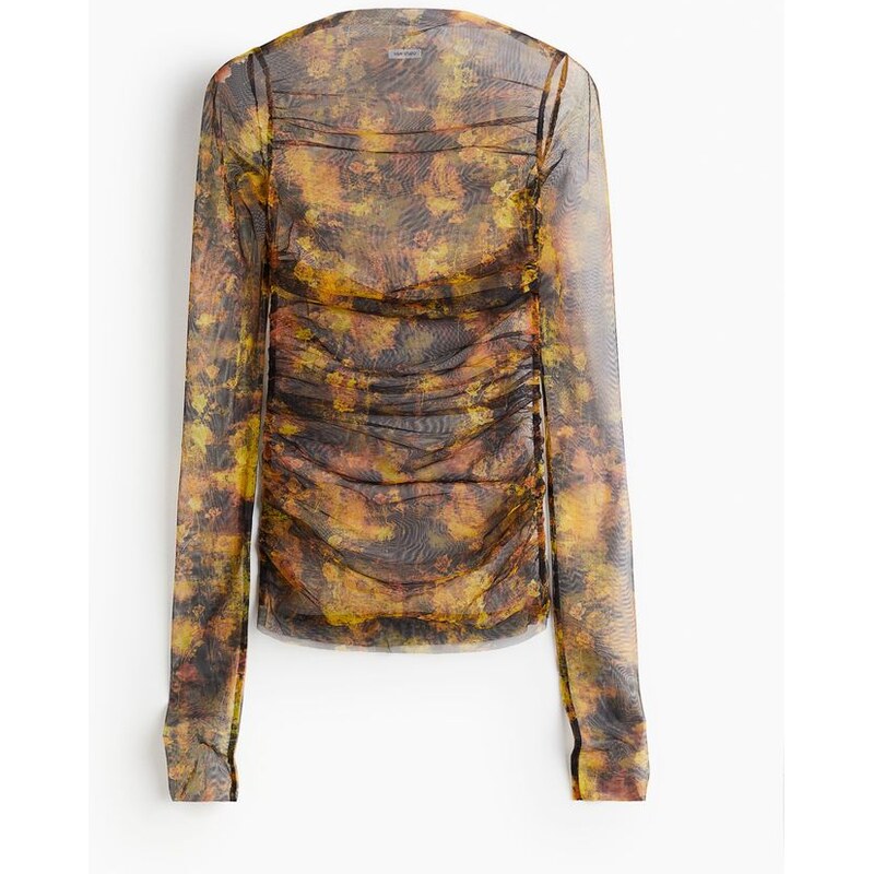 H&M - Řasený top zesíťoviny - Černá/Květy