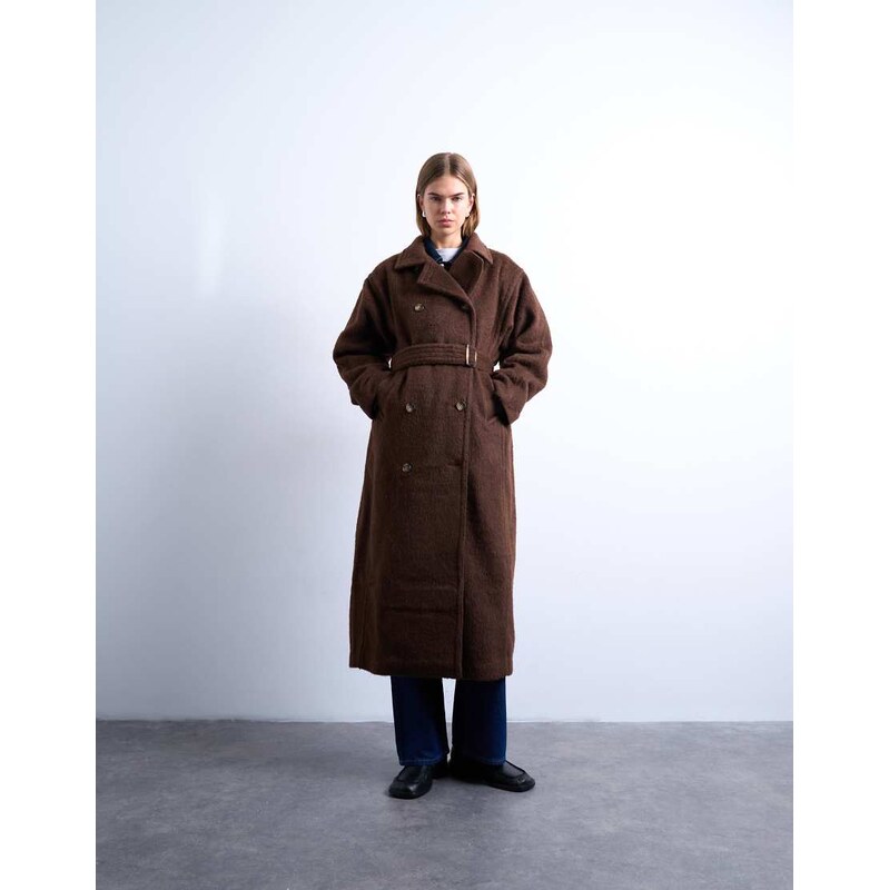 Topshop unlined double breasted longline coat with wool in