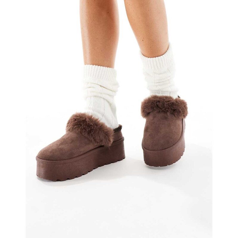 SEQWL faux fur flatform mules in chocolate-Brown 115513439