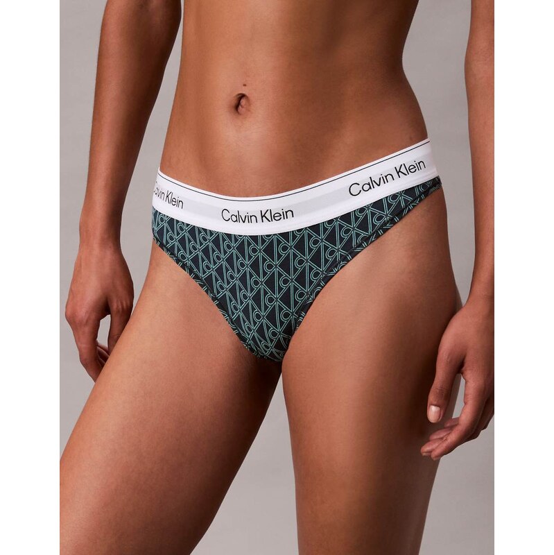 Calvin Klein Icon Cotton Modal thong in blue emblem print 110368838
