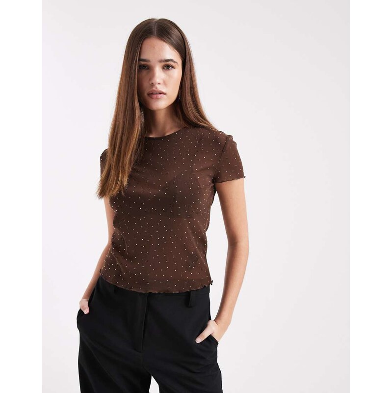 ASOS DESIGN textured mesh hotfix lettuce hem baby tee in chocolate 115514755