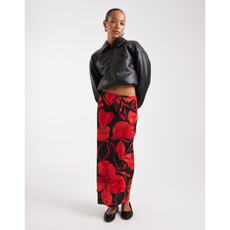 Wednesdays Girl bold bloom bias cut midaxi skirt in red 110368860