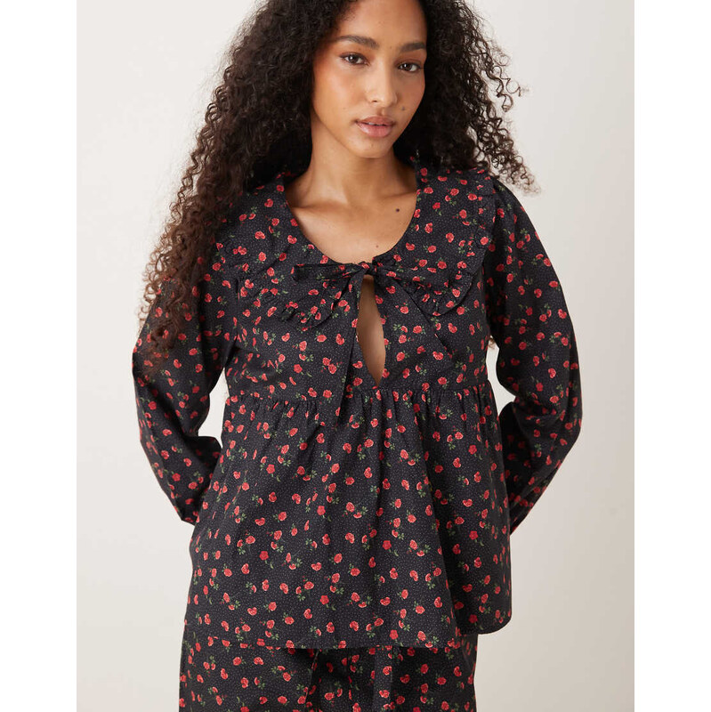 Glamorous ruffle pyjama shirt and trousers in black red floral