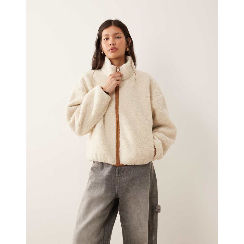 Abercrombie & Fitch high neck zip up fleece in cream-Neutral 110368987