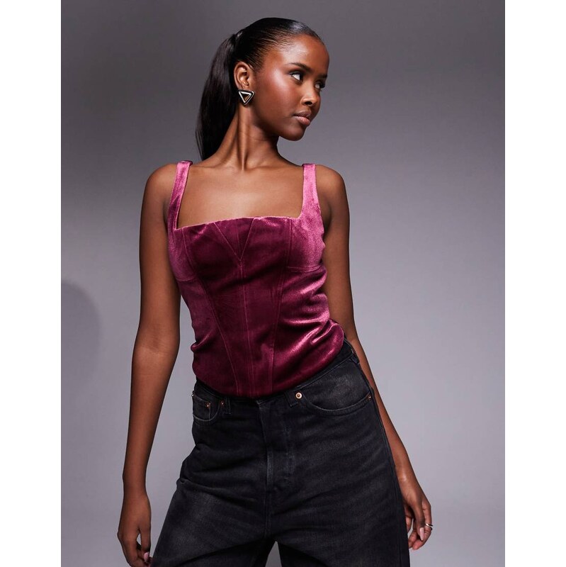 ASOS DESIGN square neck panelled velvet corset in berry-Red