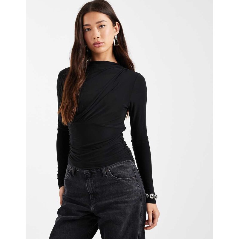 ASOS DESIGN ruched slinky long sleeve top in black - BLACK