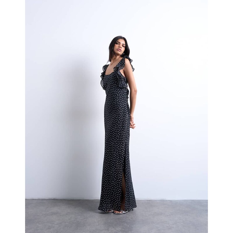Topshop ruffle shoulder slip maxi dress in black based spot