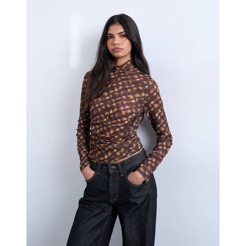 Topshop high neck ruched check print long sleeve top in brown