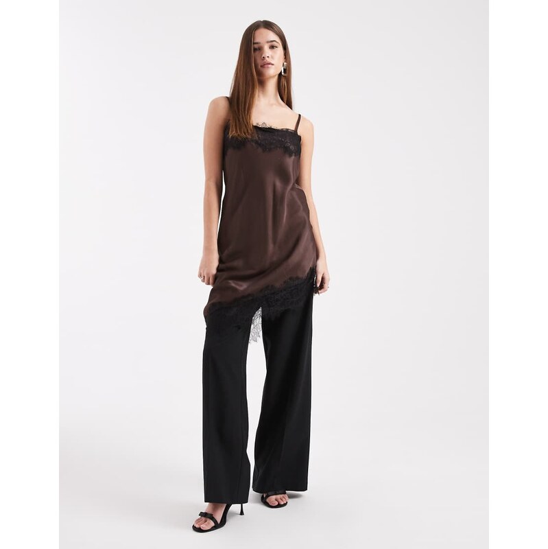 ASOS DESIGN satin lace trim asym mini dress in chocolate-Brown