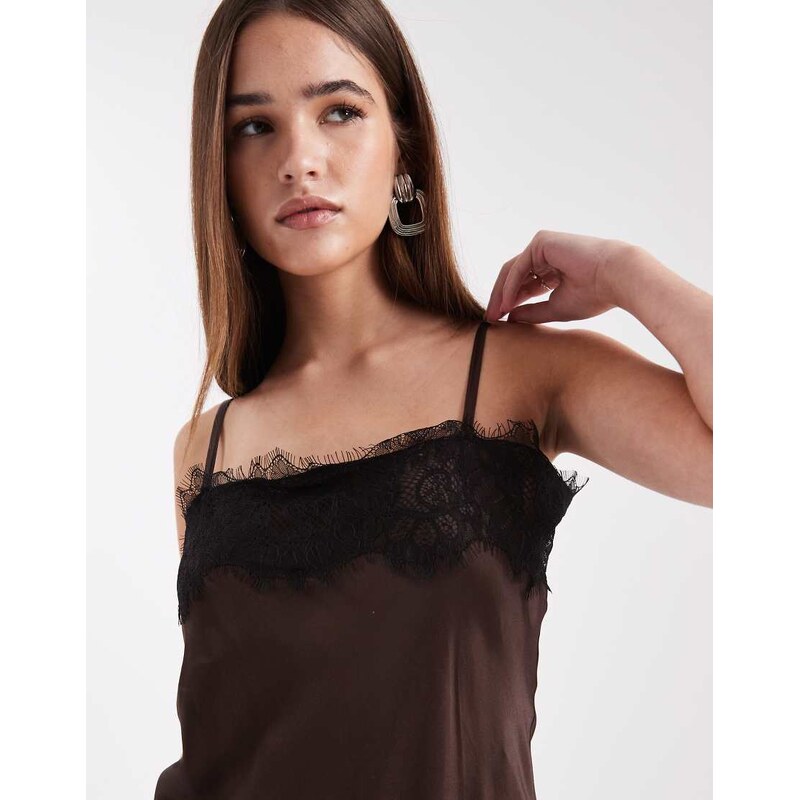 ASOS DESIGN satin lace trim asym mini dress in chocolate-Brown