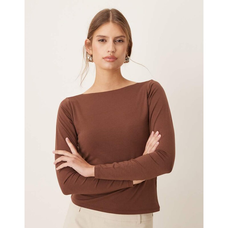 Abercrombie & Fitch slash neck cowl back long sleeve top in brown