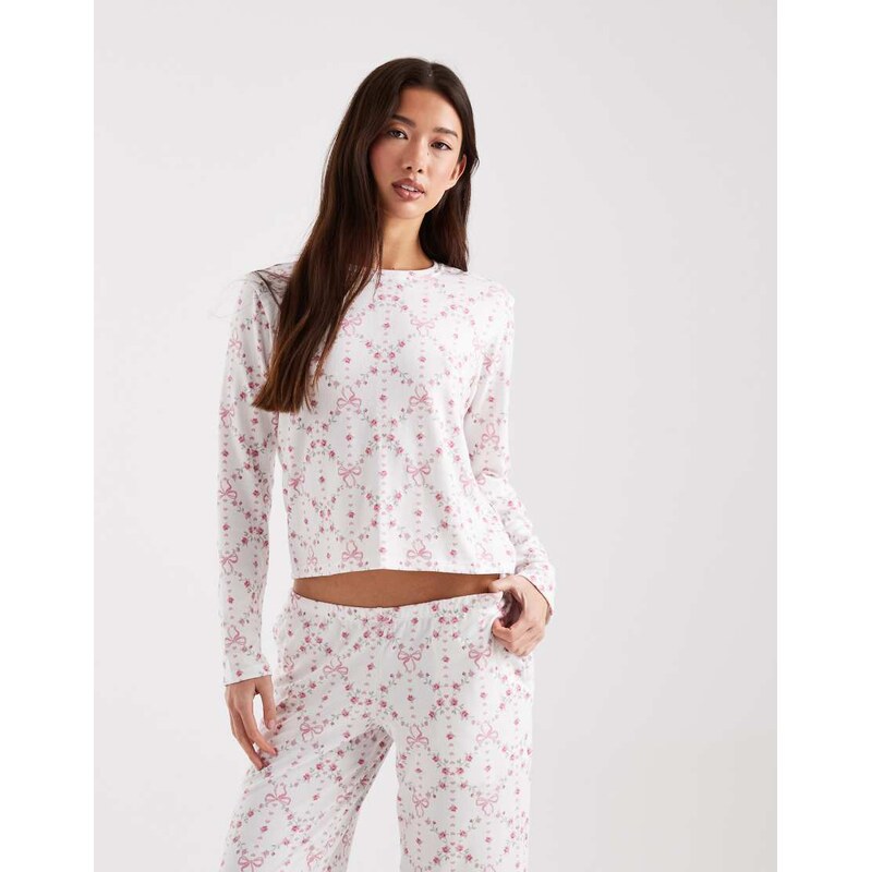 Hollister scoop neck long sleeve pyjama top co-ord in pink bow