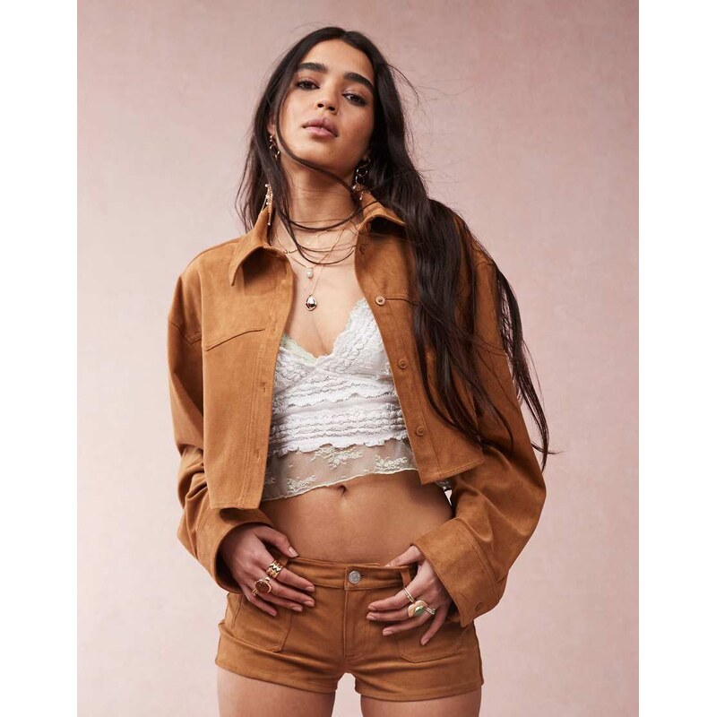 Monki co-ord faux suede shirt with western detail in tan-Neutral 115545271