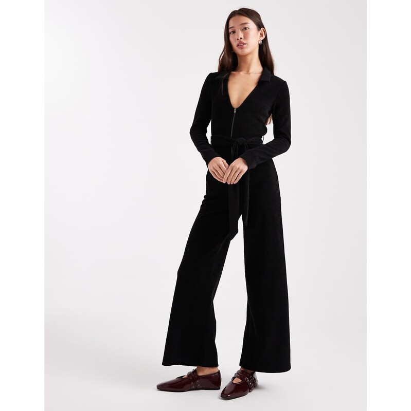 ASOS DESIGN cord zip collared wide leg jumpsuit in black 110512675