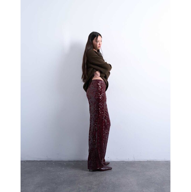 Topshop sequin tailored trouser in burgundy 110385406