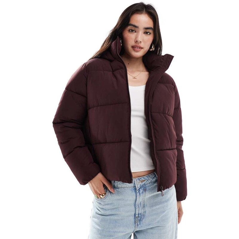 New Look cropped hooded puffer coat in burgundy-Red