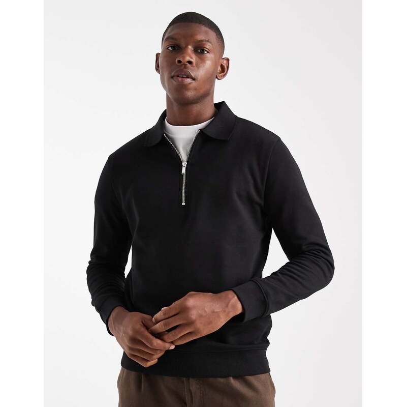 New Look 1/4 zip polo sweatshirt in black