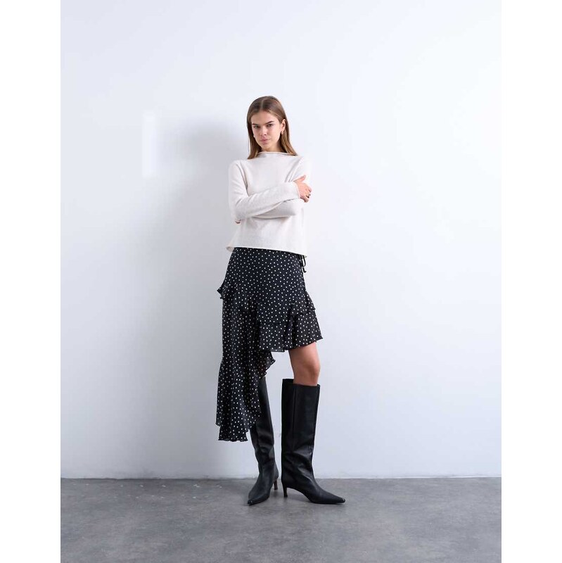 Topshop asymmetric hem frill detail midi skirt in black and white 115634192