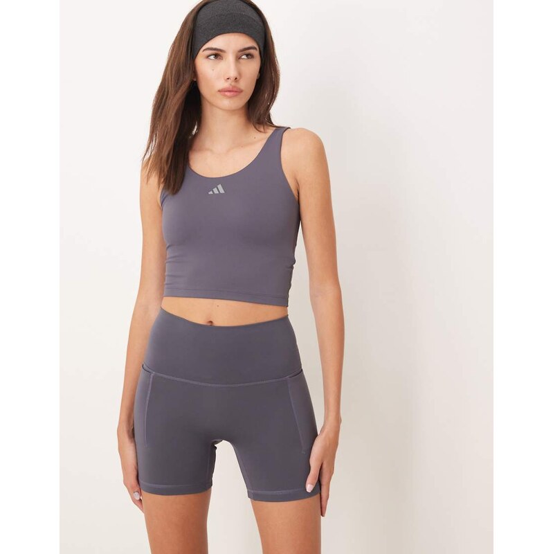 adidas Performance Three Stripes Studios booty shorts in slate blue 110395065