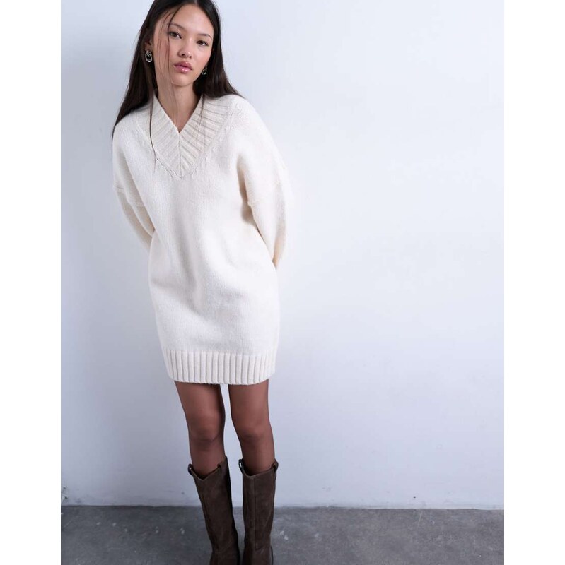 Topshop knitted high v-neck mini oversized jumper dress in ivory