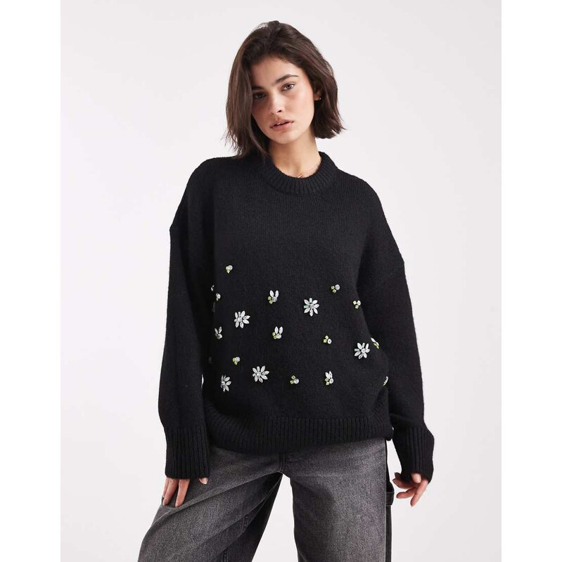 ASOS DESIGN floral embellished oversized jumper in black