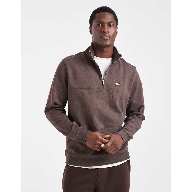 Tommy Jeans chest flag logo 1/4 zip up jumper in brown