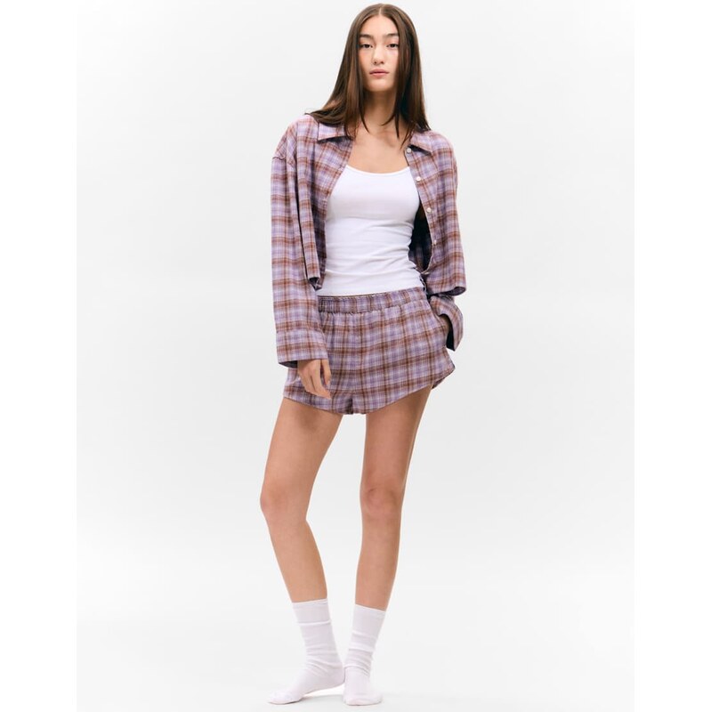 Monki mix and match flannel pyjama boxer shorts in lilac check-Purple 111138736