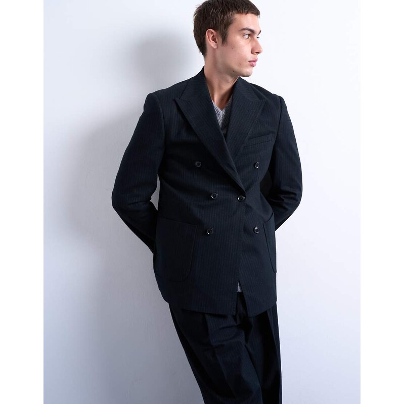 Topman wool touch striped double breasted blazer in navy