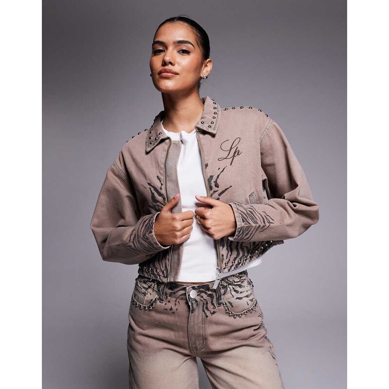 Liquor N Poker oversized boxy denim jacket co-ord in brown zebra 110918655