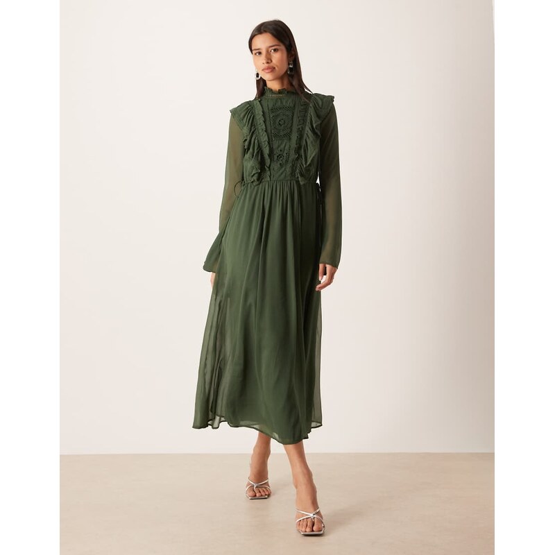 ASOS DESIGN high neck ruffle maxi dress with lace inserts and