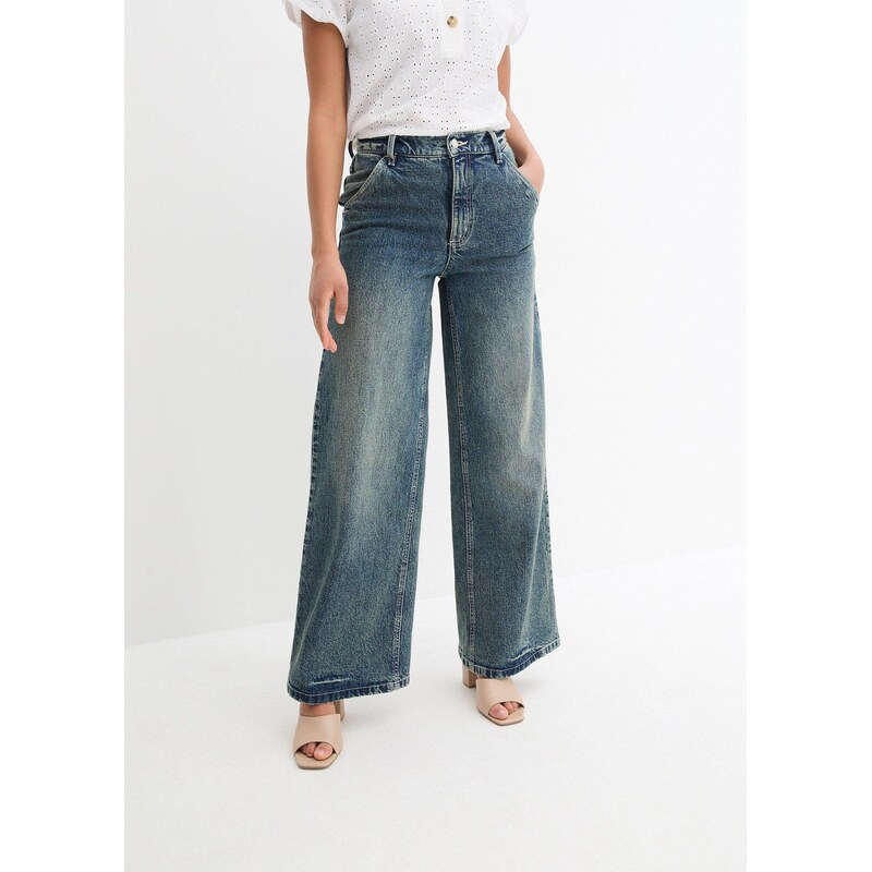 bonprix Džíny Wide Leg, High Waist, nízký podíl streče modrá