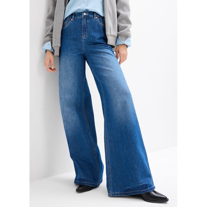 bonprix Džíny Wide Leg, High Waist, pohodlný pas modrá Žena