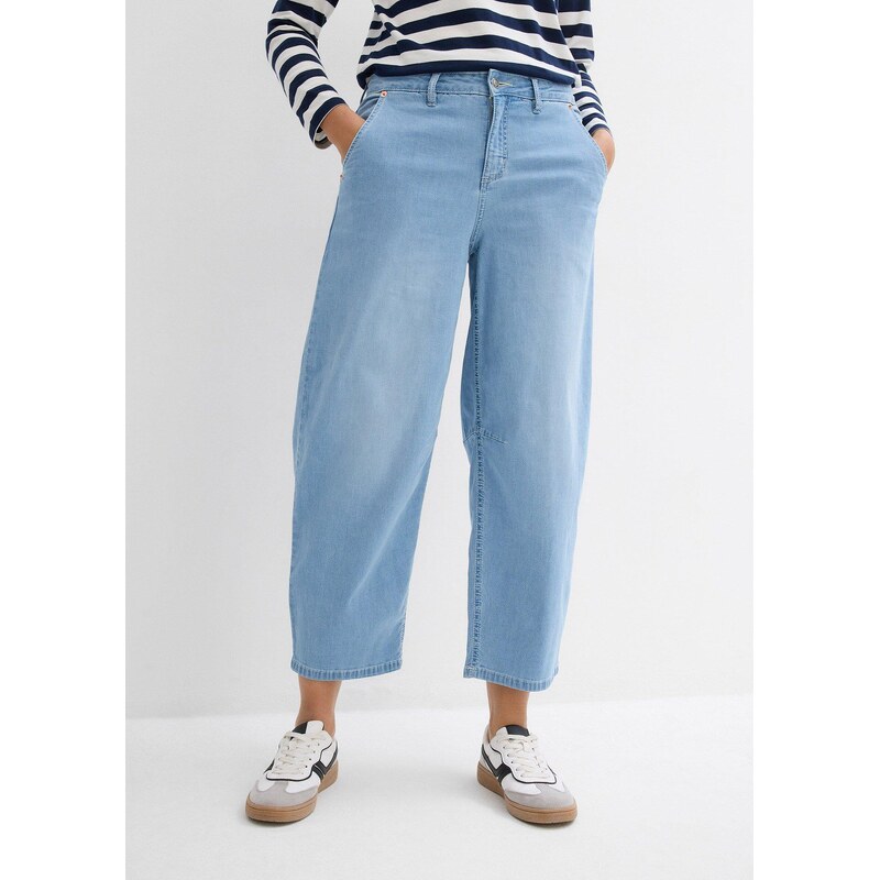 bonprix Balonové džíny, Mid Waist, Super Soft, zkrácené modrá